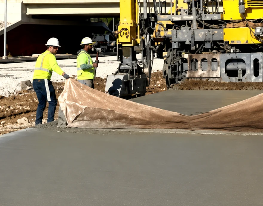 Two workers in high-visibility vests drawing burlap across a freshly poured concrete slab