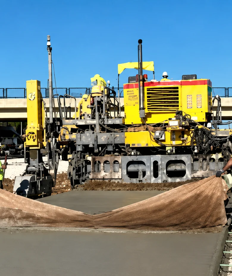 Concrete paving machine and crew working on a new highway slab beneath an overpass